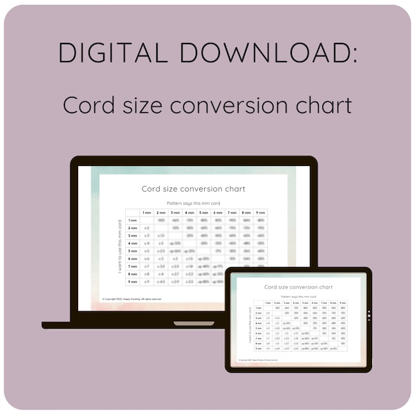 Cord size conversion chart, Digital download, PDF, Macrame cord conversion table