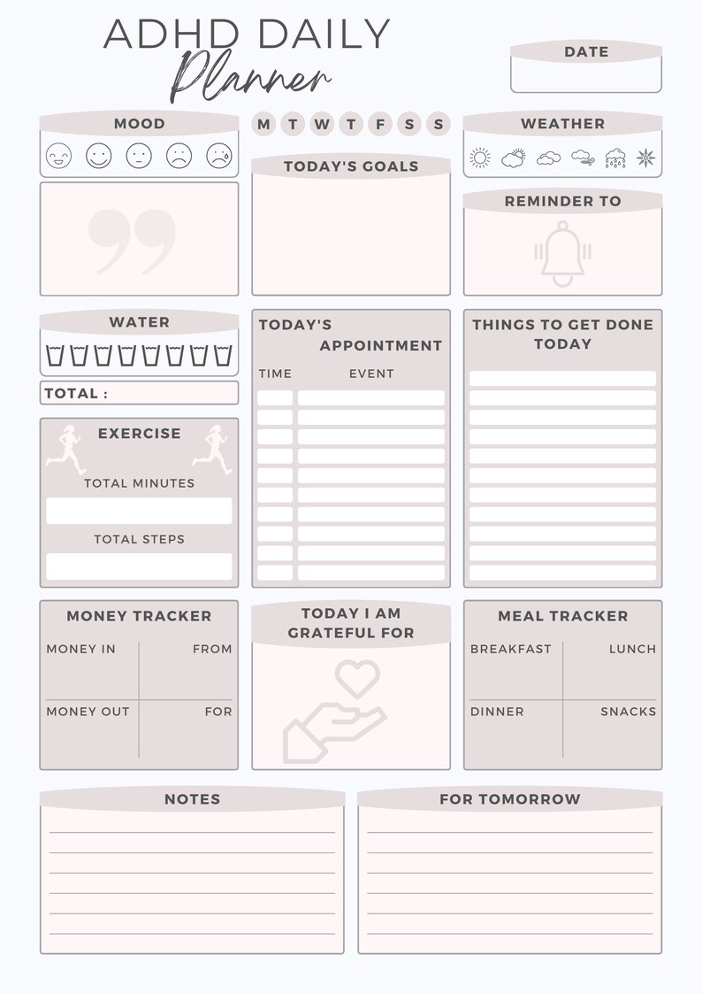 ADHD Daily Planner Printable, ADHD Brain, Daily Planner, ADHD Journal