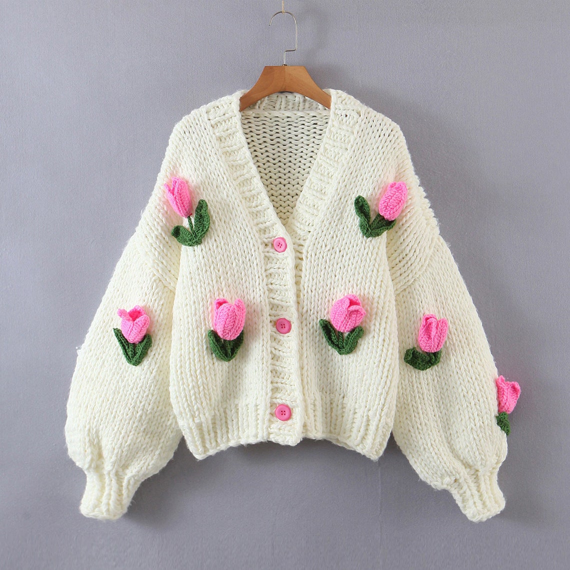 Crochet Tulip Flower Knit Sweater Cardigan Etsy