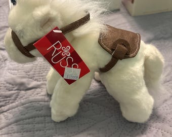 VTG Russ Berrie Rodey Plush Horse White Pony W/ Bridle Stuffed 1990's New W tag