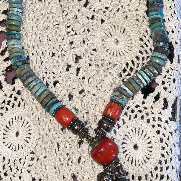 WoW - MASHA ARCHER Red Coral, Lapis, Turquoise Dangle Necklace 19” tagged