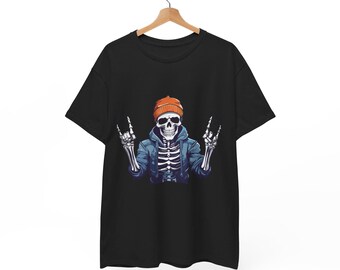 May include: Black t-shirt featuring a skeleton illustration. The skeleton is wearing an orange beanie and a blue jacket, making a rock and roll hand gesture. The design is centered on the shirt.