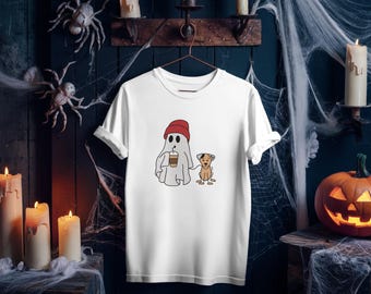 Maglietta unisex di Halloween con fantasma con caffè e cane