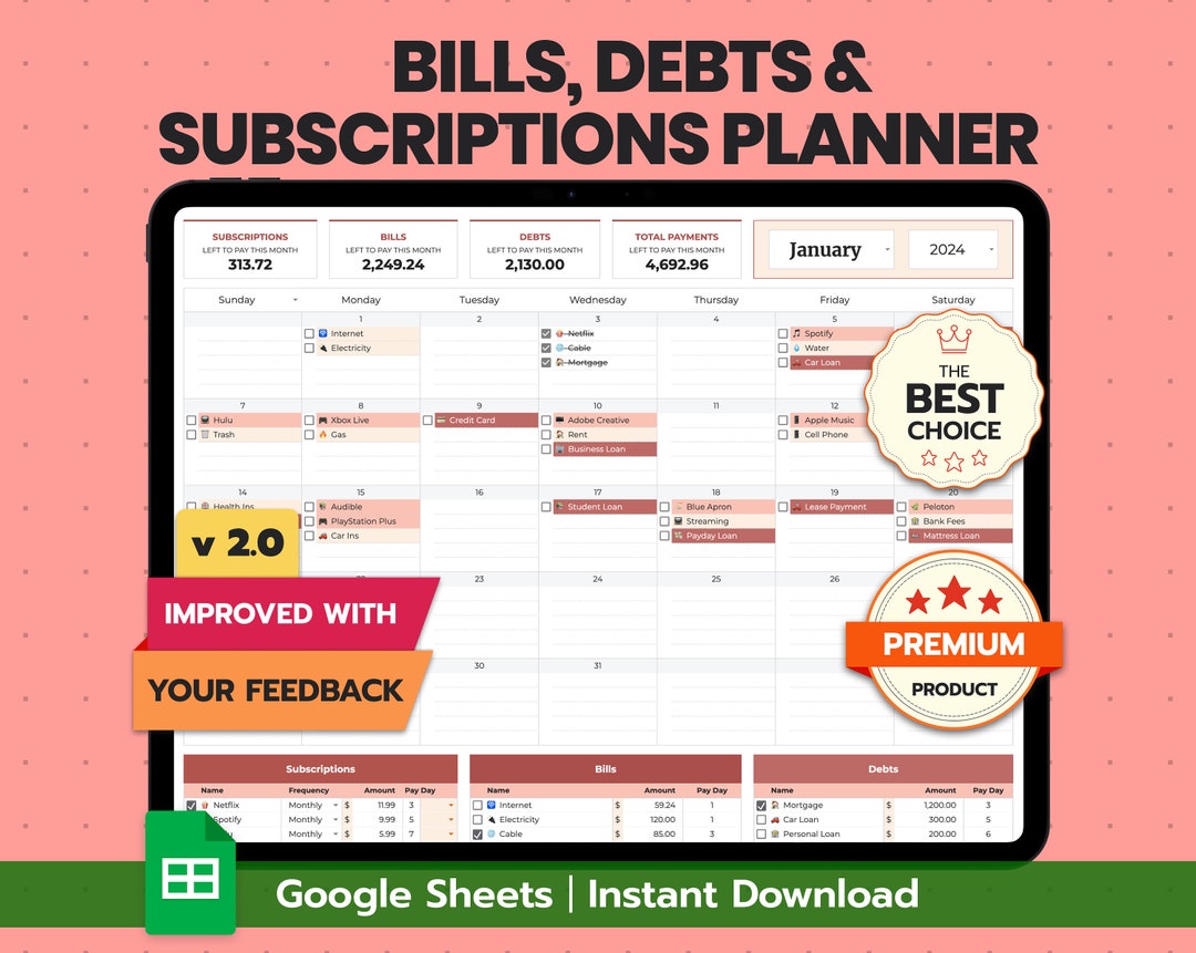 Bill Tracker Google Sheets Template | Monthly Budget Planner ...