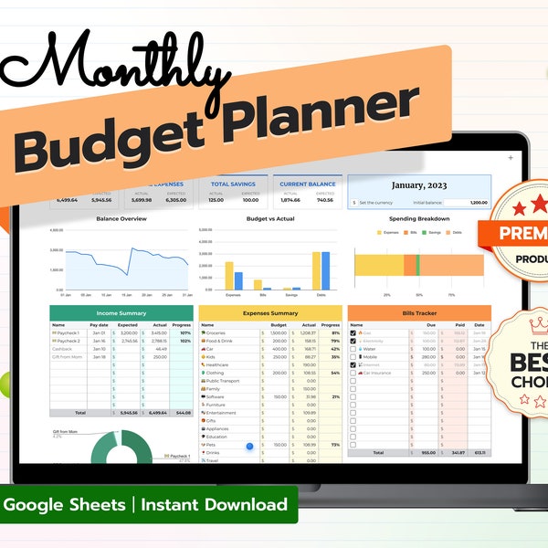 Easy-to-Use 2024 Monthly Budget Spreadsheet - Google Docs Planner - Perfect Financial Organizer - Automatic Calculations - Great Design