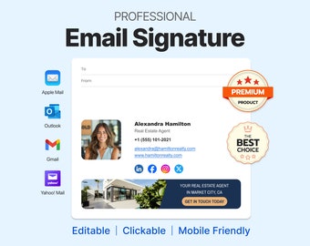 Professional Clickable Email Signature Template | Customizable & Mobile-Friendly | For Apple Mail, Gmail, Outlook, Yahoo | With Social Icons