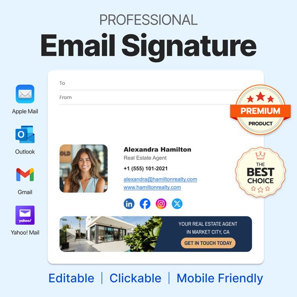 Professionelle anklickbare E-Mail-Signatur-Vorlage | Personalisierbar & Handy-freundlich | Für Apple Mail, Gmail, Lookup, Huawei | Mit sozialen Symbolen