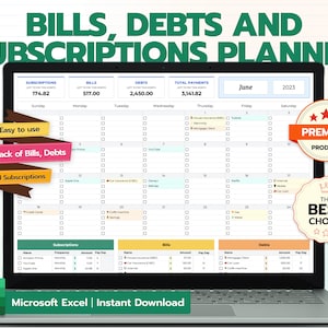 May include: A laptop screen displaying a June 2023 calendar with a spreadsheet for tracking bills, debts, and subscriptions. The spreadsheet is labeled "Bills, Debts and Subscriptions Planner" and includes a section for subscriptions, bills, and debts. The spreadsheet is labeled "Premium Product" and "The Best Choice".