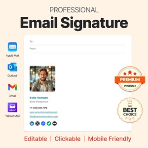 Può includere: Un modello di firma e-mail professionale con una foto di un uomo con gli occhiali, informazioni di contatto e icone dei social media. Il modello è etichettato "Editable | Clickable | Mobile Friendly" e presenta un badge "Prodotto Premium".