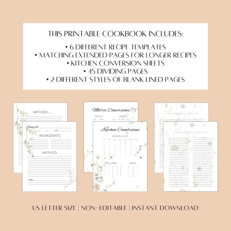 Cookbook Conversion Page Printable Cookbook Template - Peachy Daydream - Etsy