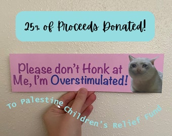 Please Don’t Honk at Me, I’m Overstimulated, Bumper Sticker, Car Sticker, Waterproof, Funny Cat Sticker, Crying Cat Meme, Meme Sticker