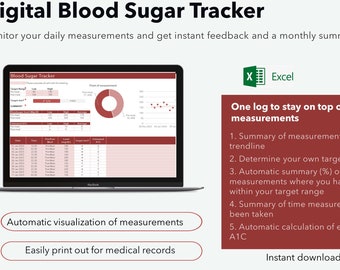Digital Blood Sugar Tracker, Diabetes Health Excel Template (Digital Download)