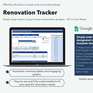 RENOVATION TRACKER to plan your Home Renovation, Google Sheets Renovations Spreadsheet