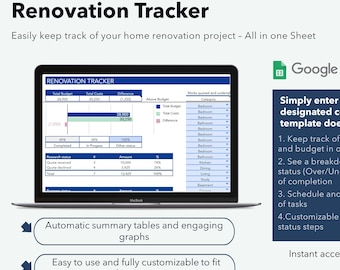 RENOVATION TRACKER to plan your Home Renovation, Google Sheets Renovations Spreadsheet