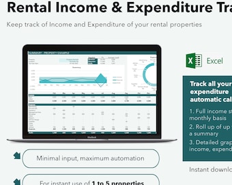 Seguimiento de ingresos por alquiler de propiedades: Plantilla de Excel para propietarios (1-5 propiedades) (Descarga digital)