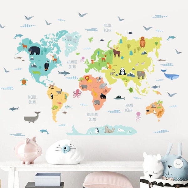 World Map Wall Decal | Educational Wall Sticker | Nursery, Bedroom & Playroom Wall Stickers | PVC Vinyl Removable Wall Stickers and Decals