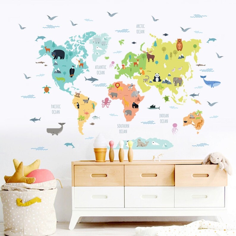 World Map Wall Decal | Educational Wall Sticker | Nursery, Bedroom ...