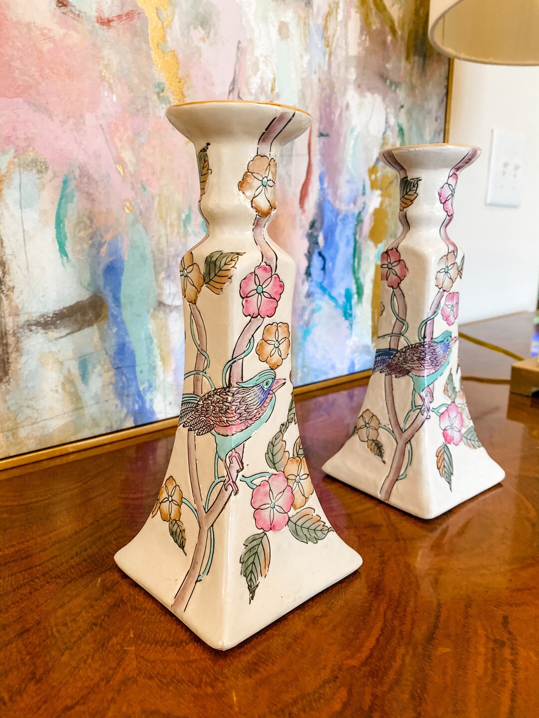 PAIR of Hand Painted Candlestick Holders Bluebirds / Candlestick Holder