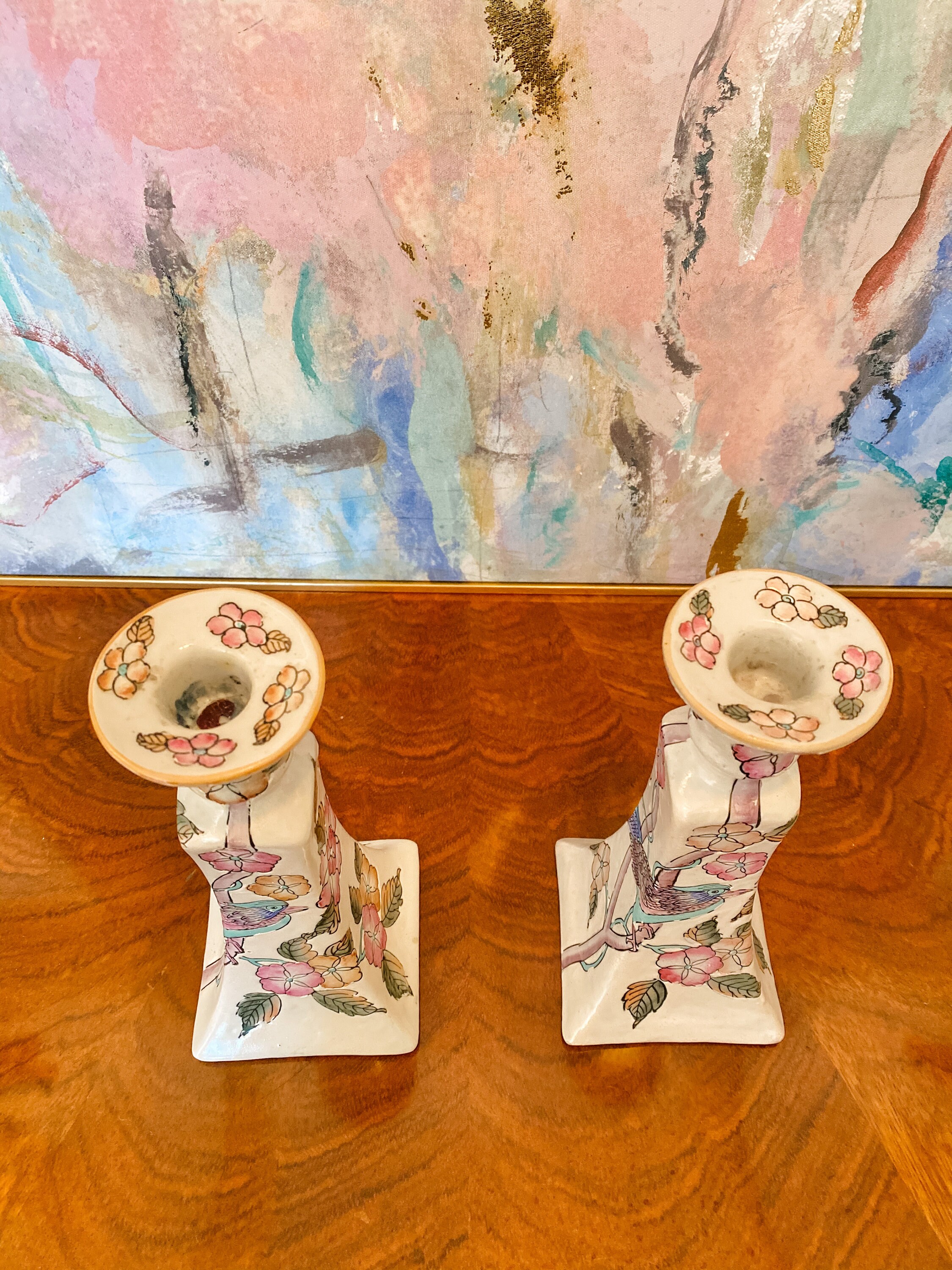 PAIR of Hand Painted Candlestick Holders Bluebirds / Candlestick Holder