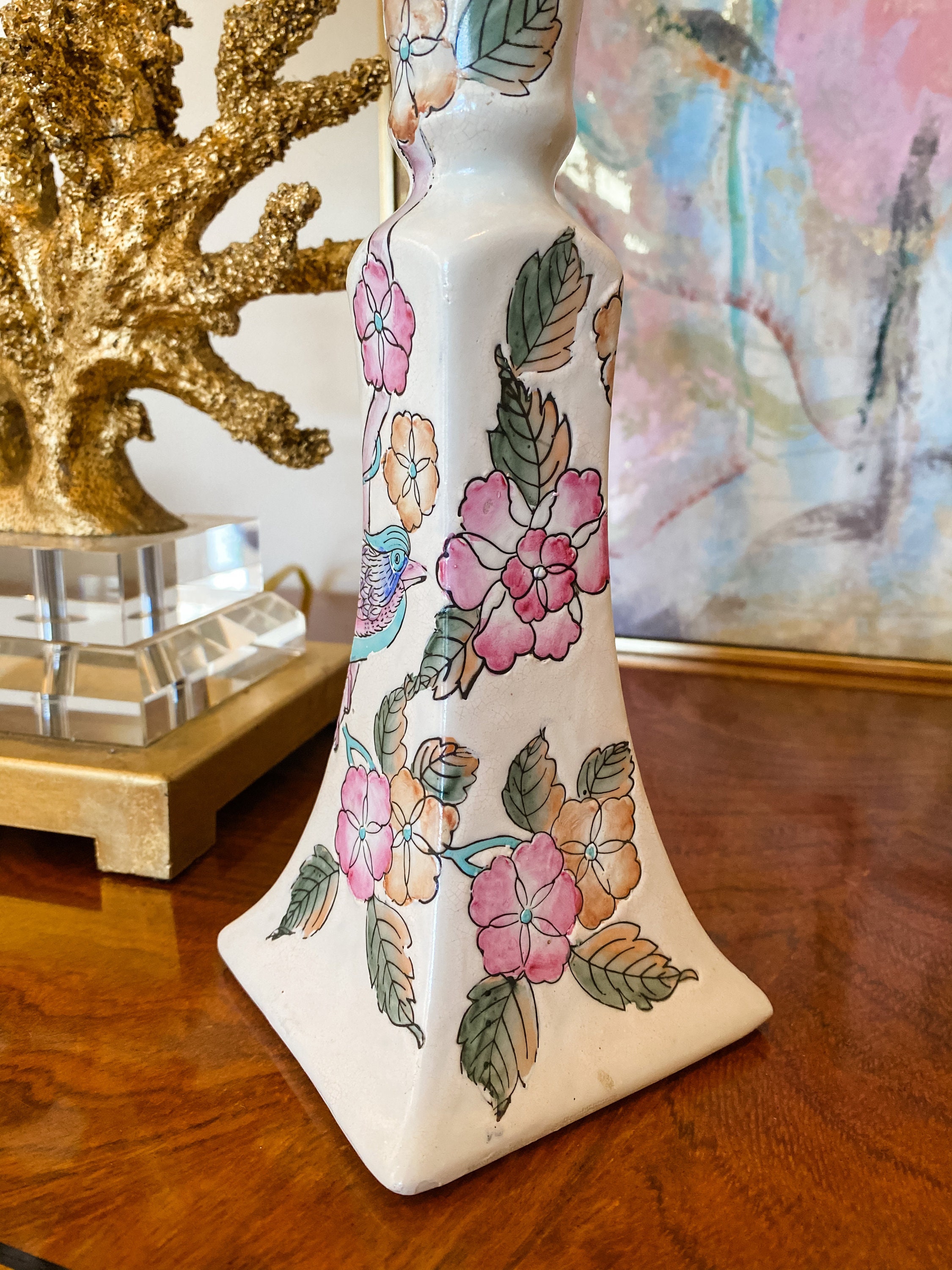 PAIR of Hand Painted Candlestick Holders Bluebirds / Candlestick Holder