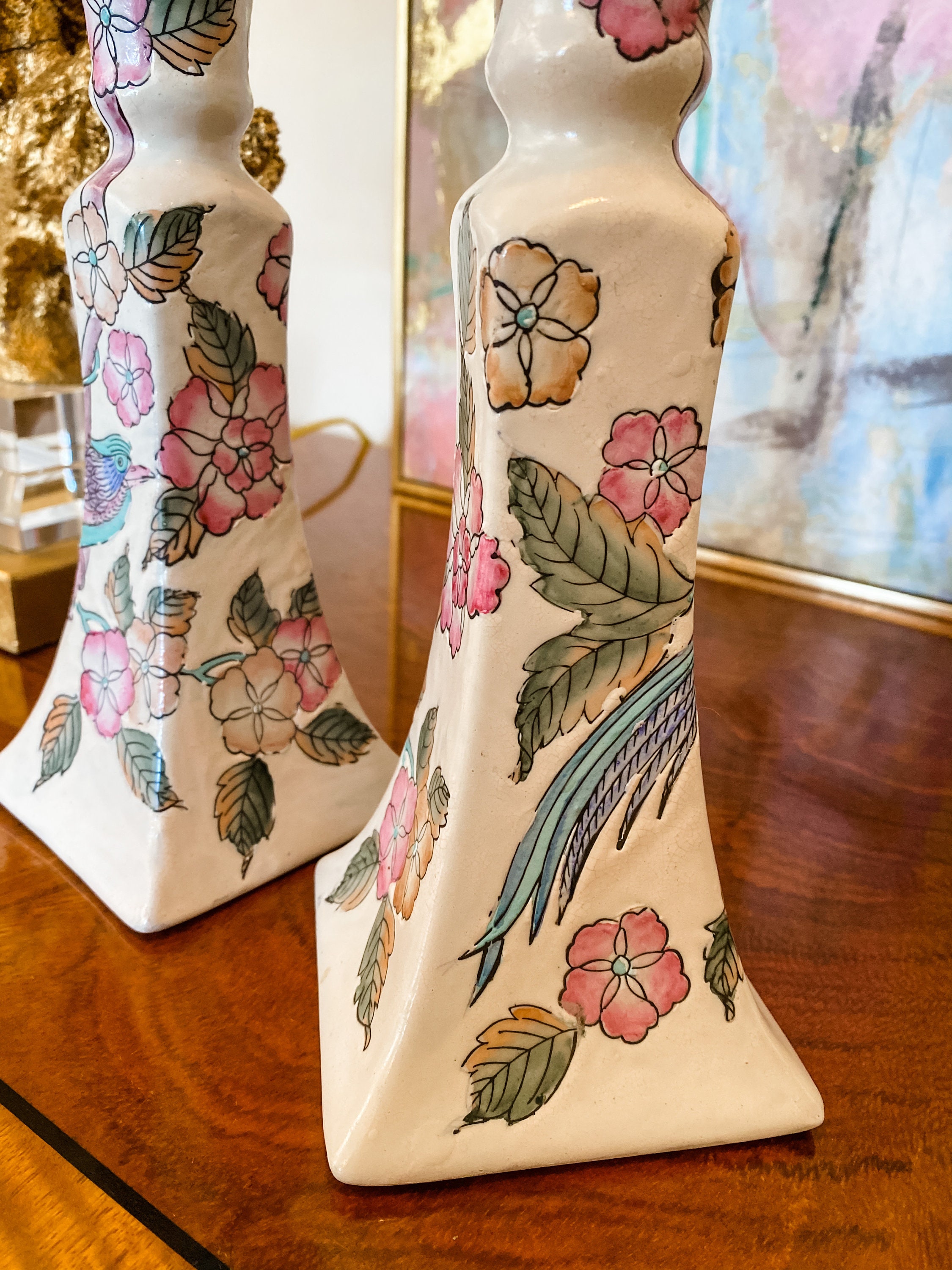 PAIR of Hand Painted Candlestick Holders Bluebirds / Candlestick Holder