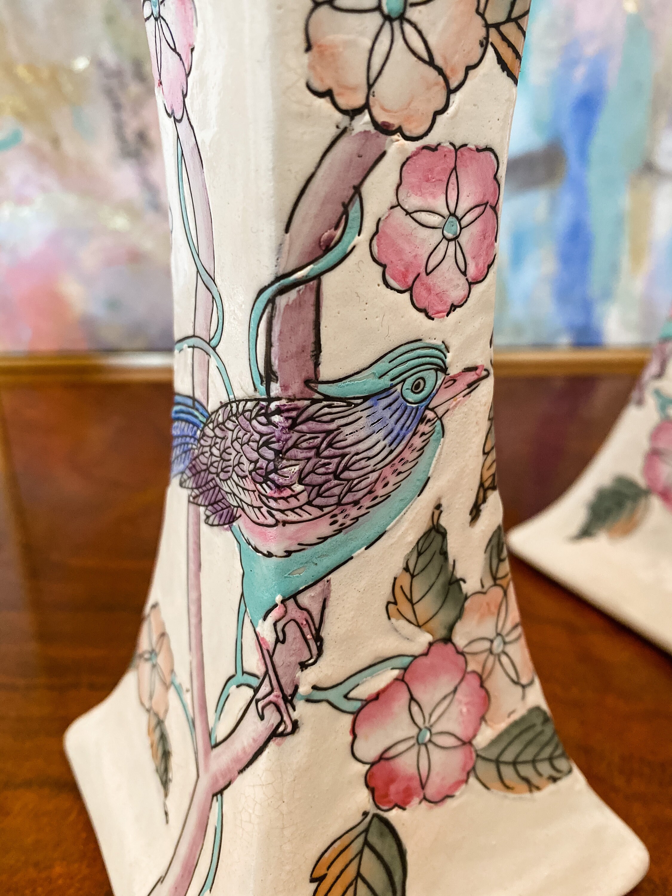 PAIR of Hand Painted Candlestick Holders Bluebirds / Candlestick Holder