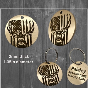 Deer American Flag Dog Tag | Personalized Identification For Pet | Brass Dog Tag | Stainless Steel Dog Tag | Engraved Pet ID Tag | Hunting