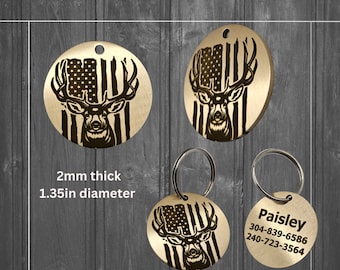 Hirsch amerikanische Flagge Hundemarke | Personalisierte Identifikation für Haustier | Messing Anhänger | Edelstahl Hundemarke | Gravierte Haustiermarke | Jagd