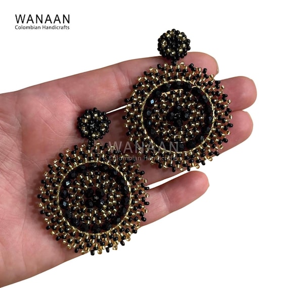 Black Handmade Colombian Seed Bead Earrings, Colorful Statement
