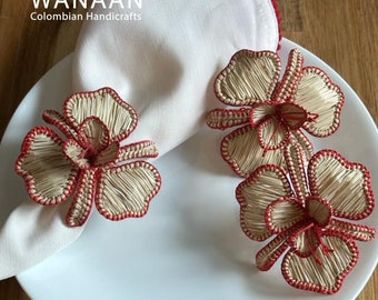 Natural & red Orchid Napkin Ring Style, Iraca Straw Napkin Ring, Handmade Napkin Ring, Colombia napkin ring, servilletero, orquidea, holiday