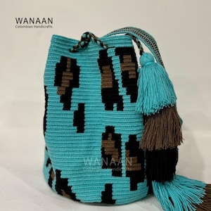 Mochila grande / Marrón aguamarina y negro / Bandolera tejida a mano / Boho / Mochila de colección / Bolso de playa / Mochila Wayuu / Regalo / Monedero