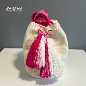 Medium Wayuu mochila Bag Tote Handmade Unisex Crochet Crossbody Boho Handbag product from Colombia / White and fuchsia