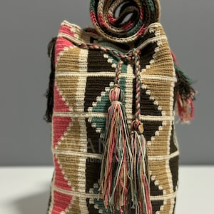 Mochila grande / Rosa, marrón, beige y verde / Bandolera tejida a mano / Boho / Mochila de colección / Bolso de playa / Monedero de regalo Bah
