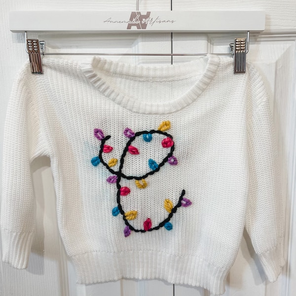 Script Letter with Holiday Lights Handmade Custom Embroidered Knit Crewneck Sweater - Sizes 3 Months to 5T