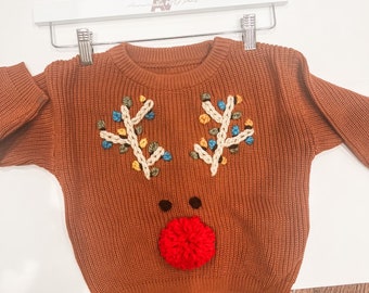 Rudolph with Lights Holiday Sweater Handmade Custom Embroidered Knit Crewneck Sweater - Sizes 3 Months to 5T