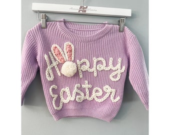 Hoppy Easter Bunny Ears - Custom Embroidered Knit Crewneck Sweater - Sizes 3 Months to 5T