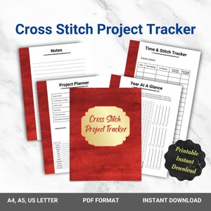 Puede incluir: Un rastreador de proyectos de punto de cruz imprimible en formato PDF. La portada presenta un fondo de acuarela rojo con un círculo dorado que dice "Cross Stitch Project Tracker". El rastreador incluye secciones para notas, planificador de proyectos, rastreador de tiempo y puntadas, y año de un vistazo.