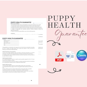 May include: A pink background with the words "Puppy Health Guarantee" in a script font. The image includes a PDF document, a Word document icon, and a Canva icon. The website address www.pupposhpaws.etsy.com is at the bottom.