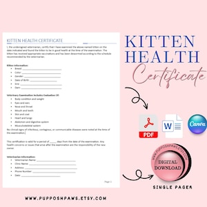 Kitten Health Certificate: Kitten Health Records for Breeders and New Dog Owner