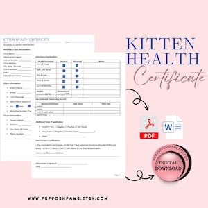 Kitten Health Certificate: Kitten Health Records for Breeders and New Dog Owner, Checklist