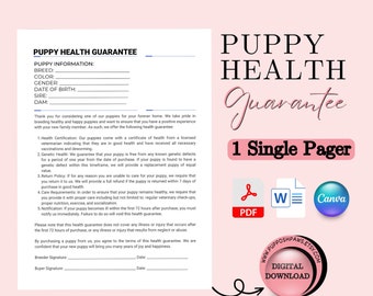 Puppy Health Guarantee Contract: Breeder Agreement (PDF, Word, Canva)
