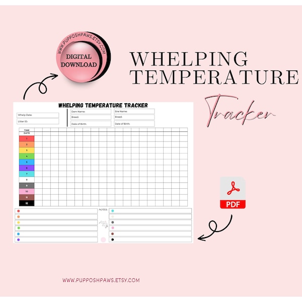 Printable Dog Temperature Form, Breeder Whelping Tracker, Puppies Collar Identification, Whelping Temperature Records for Breeders