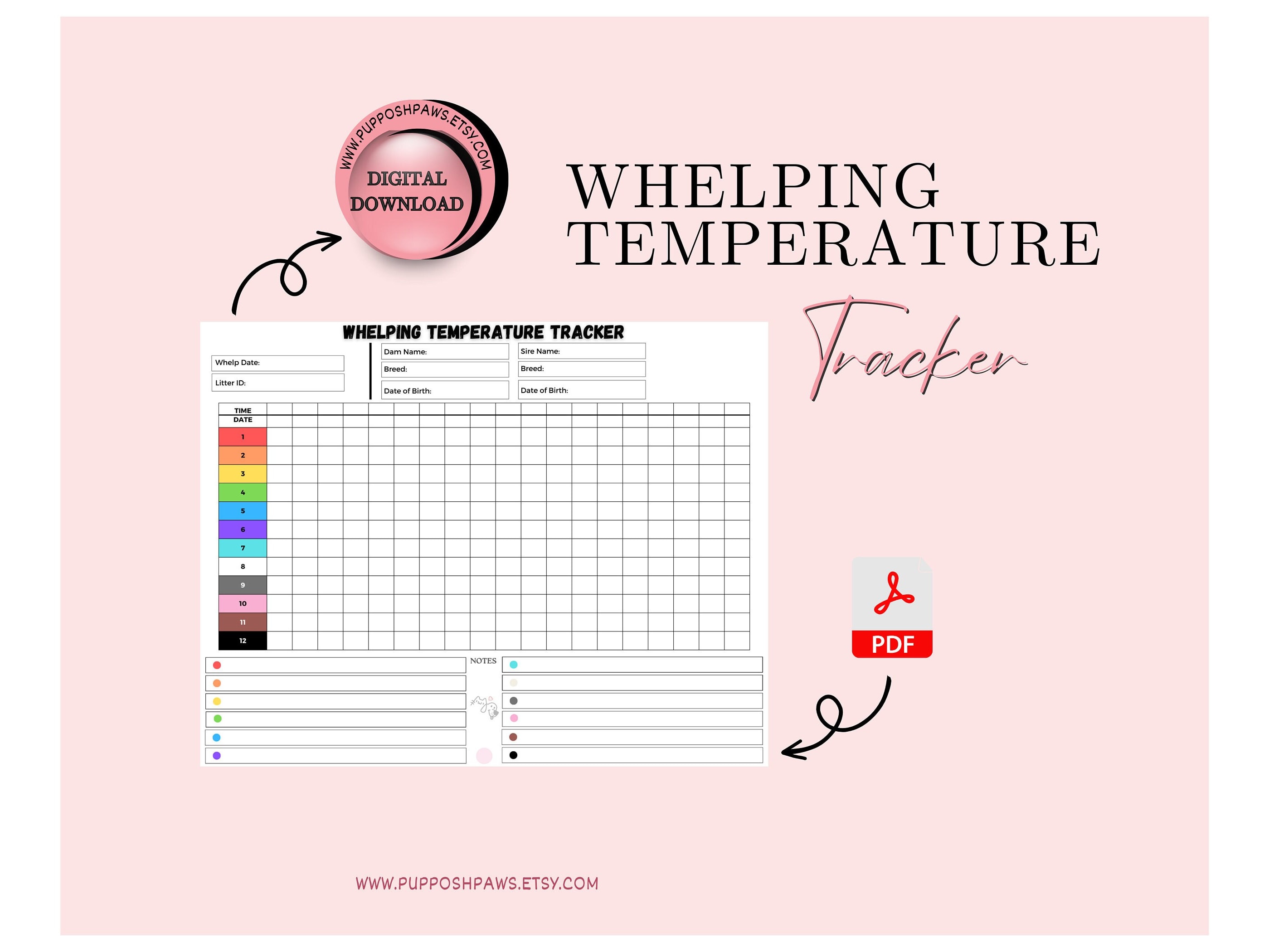 Printable Dog Temperature Form, Breeder Whelping Tracker, Puppies