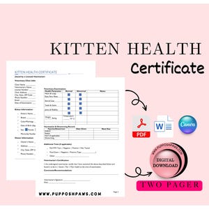 Puede incluir: Una plantilla de certificado de salud para gatitos con fondo rosa. El documento incluye secciones para información de la clínica veterinaria, información del gatito y registros de examen. Descarga digital en formatos PDF, Word y Canva.