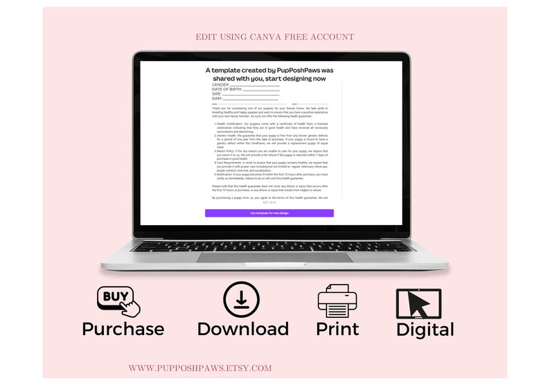 May include: A laptop computer screen displaying a digital template for a pet health certificate. The template is created by PupPoshPaws and can be edited using Canva. The screen also shows buttons for purchasing, downloading, printing, and viewing the template digitally.