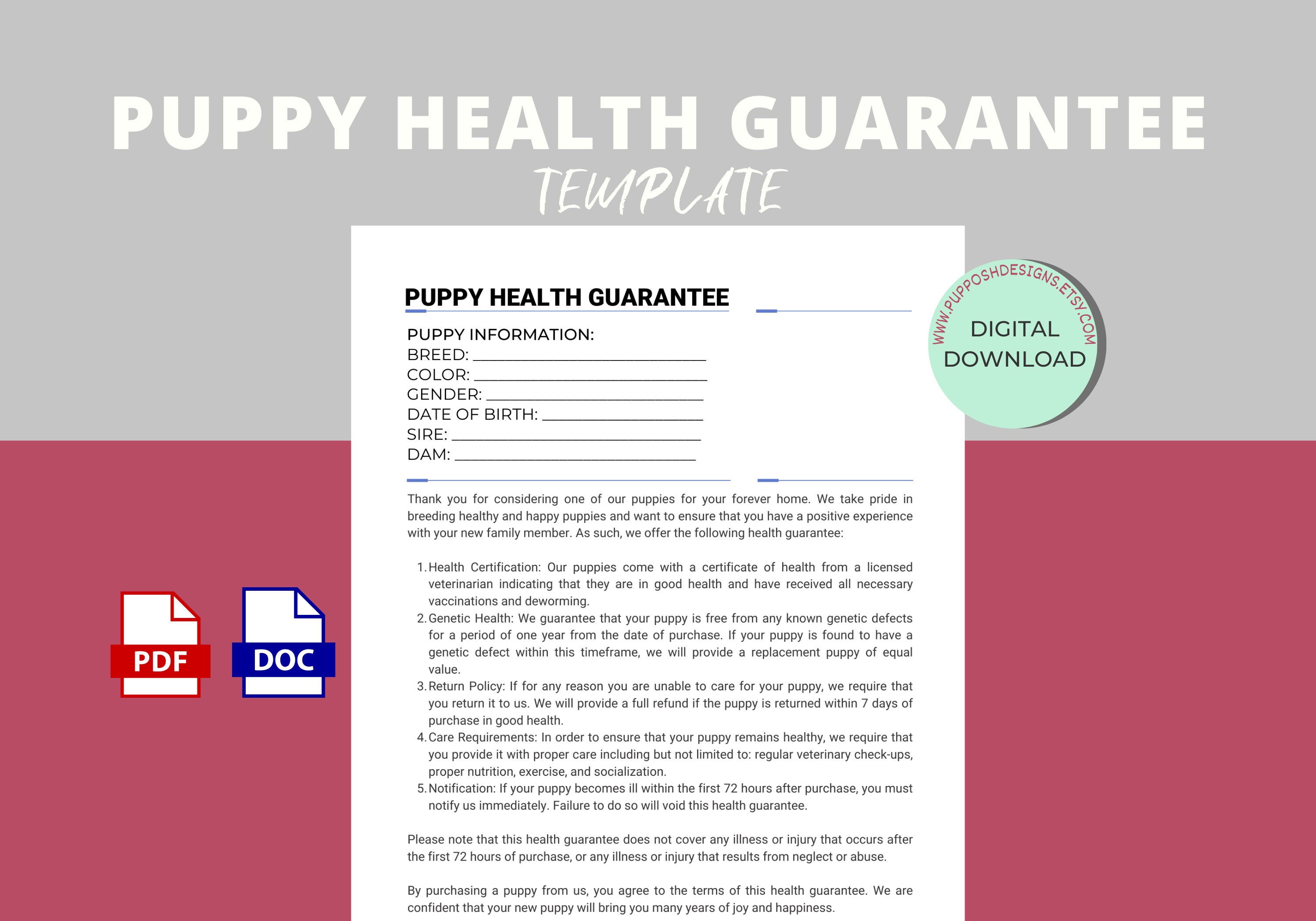 Puppy Health Guarantee Contract Puppy Agreement of Sale Etsy Puppy Health Guarantee Contract Puppy Agreement of Sale Etsy