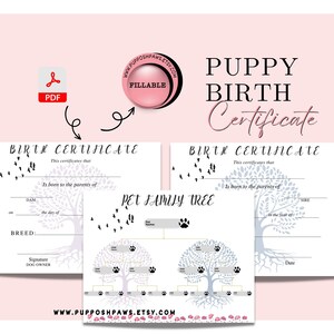 Certificado de nacimiento de cachorro rellenable, plantilla de certificado de perro, árbol genealógico de perros de cuatro generaciones, certificado imprimible