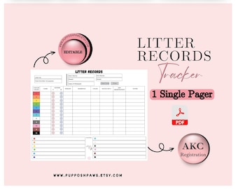 May include: Printable litter records tracker for dog breeders. The tracker includes sections for litter ID, dam name, sire name, breed, date of whelping, total number of puppies, collar color, name, gender, weight, dewclaws, color, vet check, notes, and AKC registration. The tracker is a single page PDF.