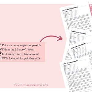 May include: A printable PDF document for a puppy health guarantee. The document includes sections for puppy information, date of birth, and a health guarantee statement. The document is available for download and can be edited using Microsoft Word or Canva.