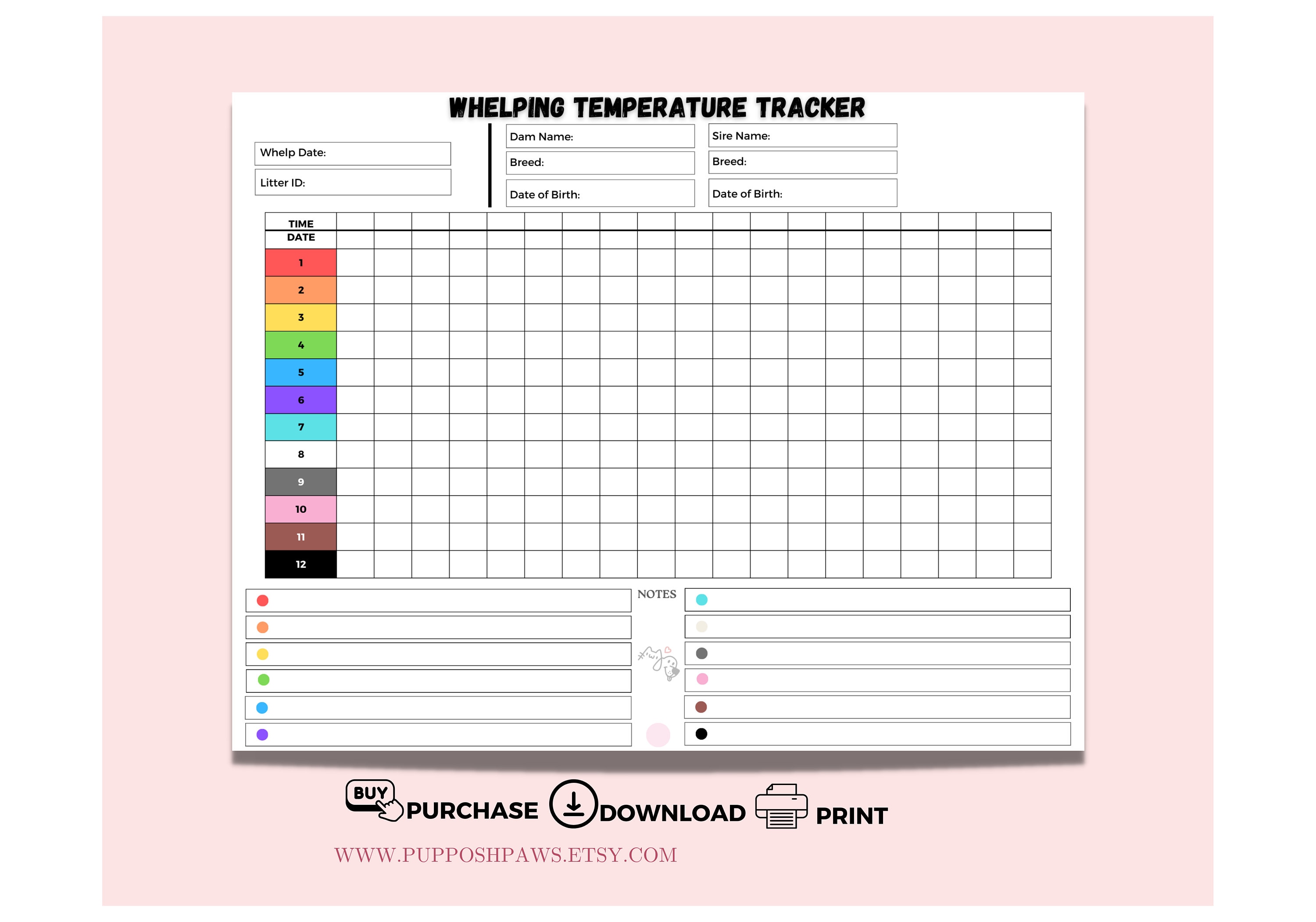 Printable Dog Temperature Form, Breeder Whelping Tracker, Puppies
